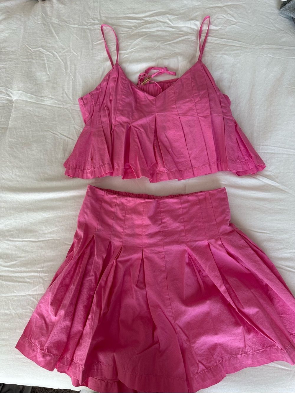 Pink Two-Piece Pleated Crop Top and Short Set